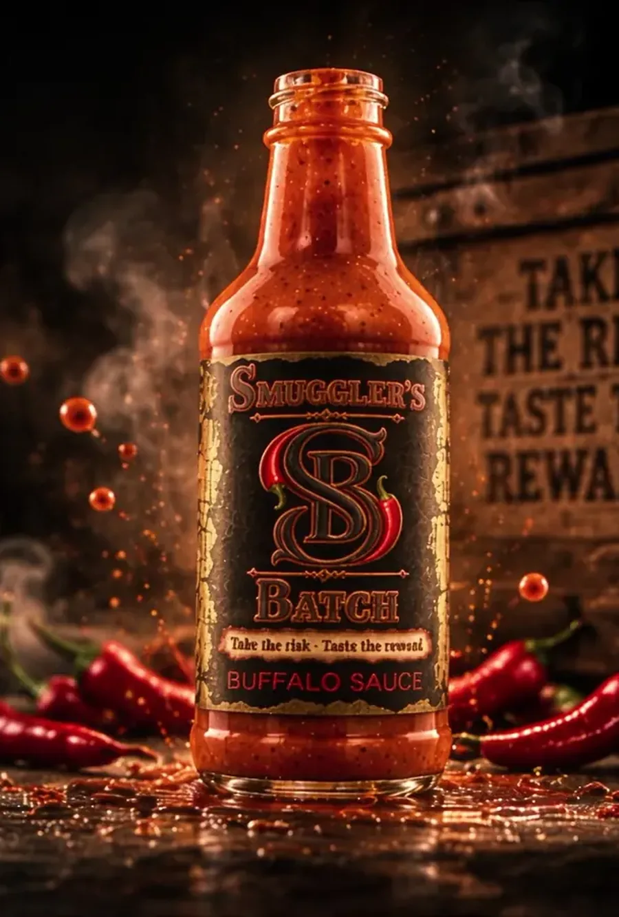 A bottle of Smuggler's Batch Buffalo Sauce on a crate, lit by embers