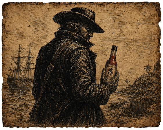 A smuggler on the shore with a bottle, ship anchored offshore